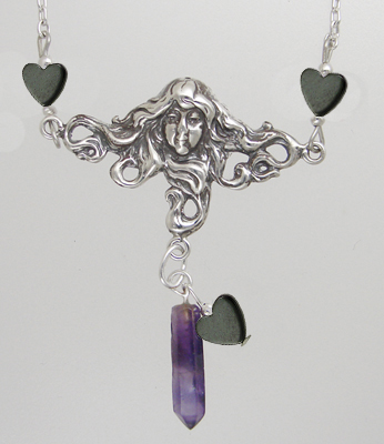 Sterling Silver Woman Maiden of the Gentle Heart Necklace With Amethyst And Black Heart